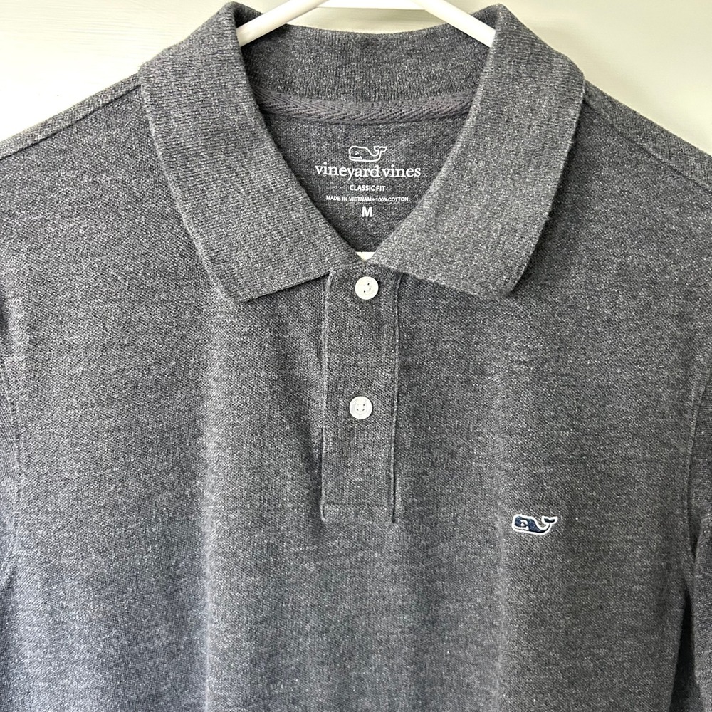 Vineyard Vines Mens Classic Fit Polo Shirt Gray Heather Cotton Whale Logo Size M